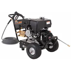 Gas-powered cold water pressure washer mounted on a cart. Delivers 4000 psi at 3.5 gpm. Rated for 20 hours of use per week. Suitable for cleaning equipment, machinery, and surfaces in industrial and commercial settings.