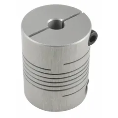 Aluminum flexible coupling with 25 mm outside diameter, 32 mm overall length, and 6 mm Side A bore diameter. Used to connect two shafts in motion control systems, compensating for minor misalignment in conveyors, packaging machinery, and robotic assemblies.