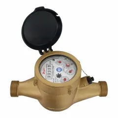 This inline multijet flowmeter from Dwyer is designed for water flow measurement. It features a brass body with 1/2 in NPT connections, a mechanical display reading in gallons, and accuracy of +/-1.5% at nominal flow. The unit operates on a maximum voltage of 24VAC/DC and requires horizontal mounting. Typical applications include water monitoring in industrial processes where a mechanical totalizer is preferred.