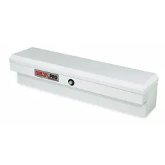 This side-mount truck box is constructed from steel with a white finish. It features an adjustable design and a push-button latch for securing tools and equipment. With an overall height of 11 1/8 inches, it is suitable for mounting on truck side rails in fleet and vehicle maintenance applications.
