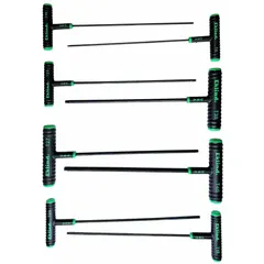 This 8-piece T-shaped key set includes Torx tip sizes T8, T10, T15, T20, T25, T27, T30, and T40 with standard ends. The T-handle design provides increased torque for tightening or loosening Torx fasteners in assembly, repair, and maintenance tasks. The set is supplied in a pouch for storage and portability.