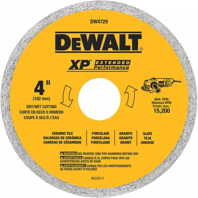 DEWALT Diamond Saw Blade: 4 in Blade Dia., 5/8 in_7/8 in Arbor Size, Wet/Dry, Good - Tile-Cutting Blades