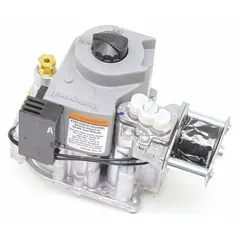 The REZNOR 177396 gas valve is a replacement component for HVAC systems, controlling gas flow to burners in unit heaters, rooftop units, and furnaces. It is used in commercial and industrial applications such as warehouses and factories.