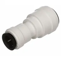 This WATTS polysulfone push-to-connect tube fitting connects two tubes of different outer diameters (1/2 in and 3/8 in) in low-pressure pneumatic or fluid systems. The push-to-connect design enables tool-free assembly for quick installation in instrumentation, water treatment, and industrial control applications