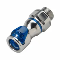 Chrome-plated brass quick-disconnect coupling with a 3/8 in pipe size and Cool Blue color. Features a Quick-Disconnect Coupler x BSPP connection type for threaded installation. Used in industrial fluid systems for rapid line connection and disconnection in pneumatic, hydraulic, and coolant applications.