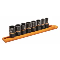 This bolt extraction impact socket set is designed for removing damaged, rusted, or stripped fasteners. The set includes sockets ranging from 5/16 in/7 mm to 5/8 in/16 mm with a 3/8 in drive, suitable for automotive and industrial applications where standard sockets cannot grip worn bolts. Sockets are organized on a rail for convenient storage.