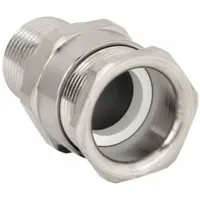 Straight metallic cable grip with brass body and silver finish. Features 3/4 in MNPT box connection and accommodates cord diameters from 0.44 in to 0.79 in. Rated for Class I, Division 2, Groups B, C, D hazardous locations. Suitable for securing cables in areas where flammable gases or vapors may be present