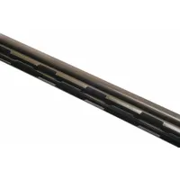 Door shoe with notched fin insert, made of aluminum with a bronze finish. Measures 36 inches in length and 1 1/2 inches in width. Used to seal the bottom gap of doors, blocking drafts, dust, and pests. Suitable for commercial and industrial door applications