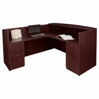 This reception desk features a mahogany melamine finish. Overall dimensions are 42 inches high, 71 inches wide, and 82 inches deep. Suitable for front-office and lobby areas in corporate or industrial settings