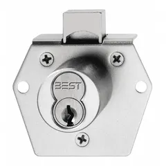 This deadbolt lock is designed for securing cabinets and drawers in commercial or institutional settings. It features a vertical diamond shape with a 2 1/8-inch body height and 1 7/8-inch body width, compatible with SFIC (Small Format Interchangeable Core) systems. The lock is supplied coreless, allowing integration with existing key control systems.