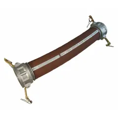 This EPDM hose assembly is rated for 100 psi and measures 20 ft in length with a 4 in inside diameter. It features aluminum cam-and-groove C couplings on both ends (4 in x 4 in fitting size). Suitable for transferring bulk materials in industrial material-handling applications.