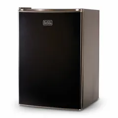 This 2.5 cu ft mini refrigerator features a glass door, two shelves, and manual defrost. Energy Star Certified, it is suited for storing beverages and snacks in small spaces such as offices, dorm rooms, or break rooms. Finish is black.