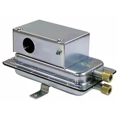 Adjustable set-point air pressure switch with auto-reset function. Features a set-point range of 0.05 to 12 inches of water column. Single-pole, double-throw (SPDT) switching. Housed in a conduit box. Operates at 120V AC. Used for monitoring and controlling air pressure in HVAC, pneumatic, and process systems.