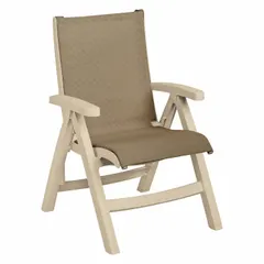 This folding chair features a taupe fabric seat and a sandstone resin frame with a matte finish. Seat height is 18 1/2 inches, seat width is 25 inches, and seat depth is 29 inches. Suitable for temporary or flexible seating in event halls, conference rooms, training centers, and hospitality venues.