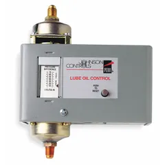 Mechanical lube oil pressure control with 120-second delay and integral alarm circuit. Designed for use with non-corrosive refrigerants in HVAC and refrigeration compressor systems to monitor oil pressure and protect against low-pressure conditions. Operates at 240V AC.