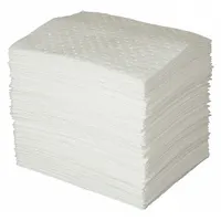 Polypropylene sorbent pad designed for absorbing industrial spills and leaks. Each pad absorbs up to 115 15/16 oz of oils, coolants, solvents, and water-based fluids. White color. Supplied in a pack of 50
