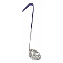 This CRESTWARE ladle is made of stainless steel with a blue finish. It has a 2 oz capacity and an overall length of 11 1/2 inches. Suitable for portioning and serving liquids such as soups, sauces, and gravies in food service settings.