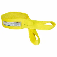 This 2-ply polyester twisted-eye web sling is 18 ft long with an 11,500 lb vertical hitch capacity. It features a wear-resistant tag for identification. Suitable for lifting and rigging heavy loads in industrial settings such as construction, manufacturing, and warehousing.