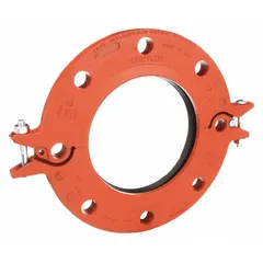 This 4-inch grooved pipe flange is constructed of ductile iron with an EPDM seal, rated for a maximum operating pressure of 300 psi. It has an overall length of 11 1/2 inches. Used in grooved-end piping systems for connecting pipes, valves, and equipment in commercial and industrial applications.
