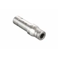 Stainless steel push-to-connect adapter fitting with two push-fit ends, connecting 6 mm OD and 8 mm OD tubing. Suitable for pneumatic or fluid systems in industrial automation and material handling applications