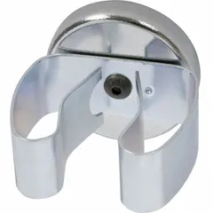 Round cup ceramic magnet encased with a clip, measuring 0.28 in thick and 1 13/32 in outside diameter. Holding-style magnet with a maximum pull force of 11 lbf. Suitable for industrial fixturing and workholding applications.