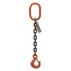Single-leg chain sling with Grade-100 alloy steel construction and fixed configuration. Includes a sling hook for secure attachment. Suitable for overhead lifting and rigging in industrial environments.