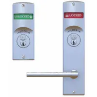 Classroom lever lockset with satin chromium-plated steel finish. ADA compliant lever. ANSI F32 function allows locking from interior side; visual indicator shows locked/unlocked status. Suitable for classroom and institutional doors requiring access control and privacy indication