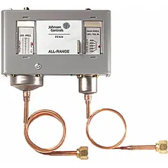 Dual pressure control with SPST switching, low-side range 12 in Hg to 80 psi, high-side range 100 psi to 500 psi. Housed in a NEMA 1 enclosure. Used in commercial refrigeration and HVAC systems to monitor refrigerant pressures and protect compressors.