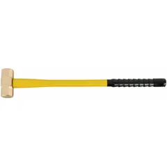 Aluminum bronze sledge hammer with a 10 lb head, 2 1/2 in diameter, and fiberglass handle. Hexagon double-end head design. Used in hazardous environments where non-sparking tools are required to reduce ignition risk.