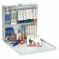 This wall-mountable first aid kit houses 195 components in a white metal case, serving up to 50 people. Contents include 100 adhesive bandages, 4 eye pads, 10 sting relief wipes, and 12 aspirins. The unit is OSHA compliant and suitable for general-purpose use in workplaces, offices, or light manufacturing facilities