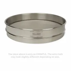 This test sieve features a stainless steel frame and stainless steel screen material, with a 4 in US Standard Screen Size opening. It has a 12 in outside diameter and 2 5/8 in height, complying with ASTM E11 standards. Used for particle size analysis and material classification in laboratory and industrial quality control applications.