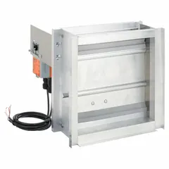 Rectangular motorized control damper with flat blade and TPV blade seal. Measures 11 3/4 in height by 14 1/2 in length. Normally open switch action. Rated for 100/240V AC and maximum air velocity of 3500 fpm. Used in HVAC ductwork for airflow regulation.