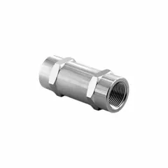 Inline poppet check valve with 316 stainless steel body and seat. 1/8 in pipe size, FNPT x FNPT connections. Cracking pressure 3 PSI. Used in instrumentation and process systems to prevent reverse flow of liquids or gases.