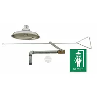 Ceiling-mount emergency shower with stainless steel sprayhead and shroud. Activated by a pull rod. Inlet is 1 in NPT female. Designed for installation in areas requiring immediate drenching for safety compliance