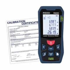 This laser distance meter measures distances up to 164 ft with an accuracy of +/-2 mm. It features a red LCD display, operates on AAA batteries (included), and includes a Pythagoras (2 Points) function for indirect measurements. The unit measures in meters and comes with a Traceable Calibration Certificate with Full Data and Uncertainties. Suitable for indoor and outdoor distance measurement tasks.
