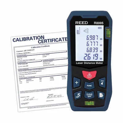 REED INSTRUMENTS Laser Distance Meter: Inch, 164 ft, +/-2 mm, AAA, LCD, Batteries Included - Indoor-Outdoor Laser Distance Meters