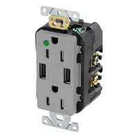 USB Receptacle: Duplex, 5-15R, 2 USB Ports, USB Type A, Gray, 125V AC, 15 A (MPN T5632-HGG)