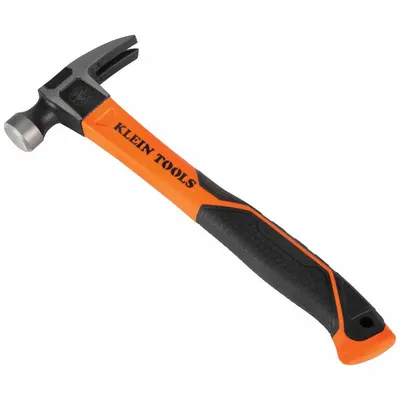 KLEIN TOOLS Straight-Claw Hammer: Steel, Textured Grip, Fiberglass Handle, 16 oz Head Wt - Steel Straight-Claw Hammers