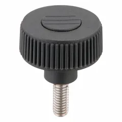 Knurled knob with threaded stud for manual adjustment and clamping. Gray plastic body with stainless steel thread. Diameter 40 mm, thread 5/16"-18, thread length 20 mm.
