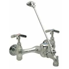 Wall-mounted widespread utility faucet in chrome finish. Constructed of brass with a straight spout and 6 gpm flow rate. Includes a pail hook. Suitable for service sink applications in commercial or industrial settings.