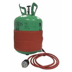 Hook-and-loop heater designed for 50 lb refrigerant cylinders. Rated 200 W, 240V AC with NEMA 6-15P plug. Used to maintain cylinder pressure and prevent condensation during refrigerant charging or recovery in HVAC and refrigeration service.