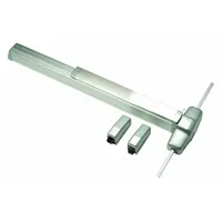 Surface-mounted vertical rod exit device with touchbar and lever trim, finished in chrome. Designed for doors up to 4 ft wide, providing vertical rod latching for egress applications in commercial settings