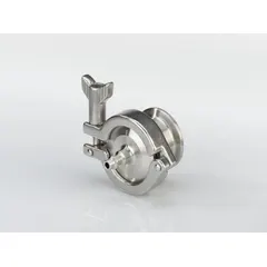 This 3-A certified stainless steel air blow check valve features an inline valve body with a poppet design, suitable for fluids media. It has a 3-inch pipe size and clamp connection, meeting 3A Sanitary Standards with an average surface roughness (Ra) of 32 micron-in. Commonly used in sanitary fluid systems to prevent backflow while allowing air or gas to be blown through the line.
