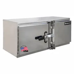This double barn-door box from BUYERS PRODUCTS is designed for underbody mounting on trucks. It features a silver finish, 24-inch overall depth, and padlockable pull-handle latches for secure storage of tools and equipment.