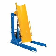 This stationary hydraulic drum dumper is designed for 55-gallon metal drums, featuring a steel chute and steel housing. It uses a clamp mechanism to secure the drum and operates on 115V AC via a power cord, with a 1000 lb weight capacity. Typical applications include lifting and tilting drums for controlled discharge of bulk materials in industrial and warehouse settings.
