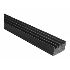 Flat ribbed-section foam rubber seal made from EPDM with standard self-adhesive mounting. Measures 25 ft overall length and 5/8 in overall width in black. Used for weatherproofing, vibration damping, and gap sealing in enclosures, doors, and panels.