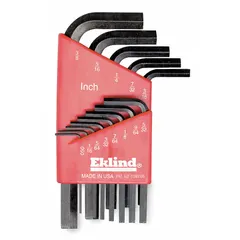 This 13-piece set includes L-shaped hex keys in SAE sizes with standard ends, featuring both short and long arms for access in confined spaces. The bright finish provides corrosion resistance. Keys are organized in a holder for convenient storage and selection.