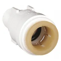 Straight push-to-connect tube fitting made of polysulfone, connecting 1/2 in OD tubing to 3/4 in male NPT pipe threads. Used in industrial fluid systems for water, air, and chemical handling where corrosion resistance and quick assembly are required