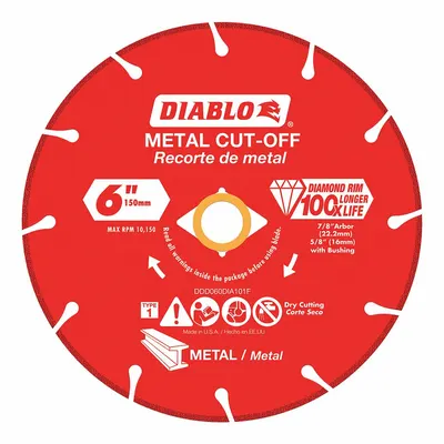DIABLO Diamond Saw Blade: Metal, 6 in Blade Dia., 5/8 in_7/8 in Arbor Size, Wet/Dry - Metal-Cutting Blades