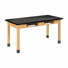 This fixed-height lab table features an epoxy countertop that resists chemicals and impacts, suitable for laboratory, cleanroom, and industrial testing environments. It measures 24 inches wide, 30 inches high, and 5 feet long, with a load capacity of 500 lb.